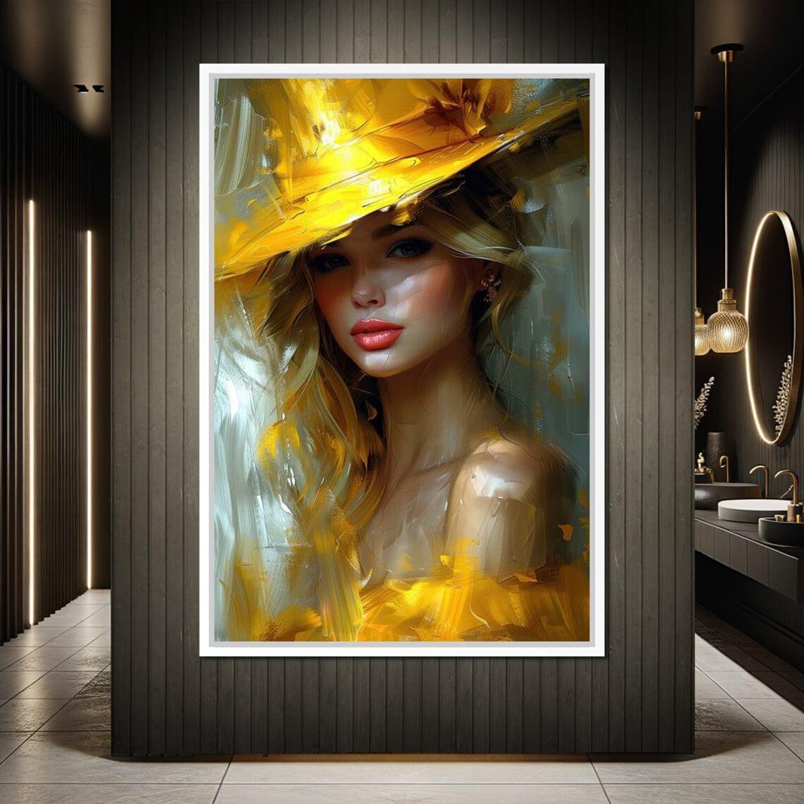 Golden Hat Beauty Sunlit Blonde Elegant Oil Portrait Wall Art - Image 4