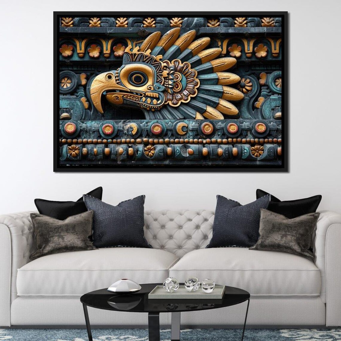 Aztec Sun Bird Relief Teal Gold Tribal Carving Cultural Art Poster - Image 2