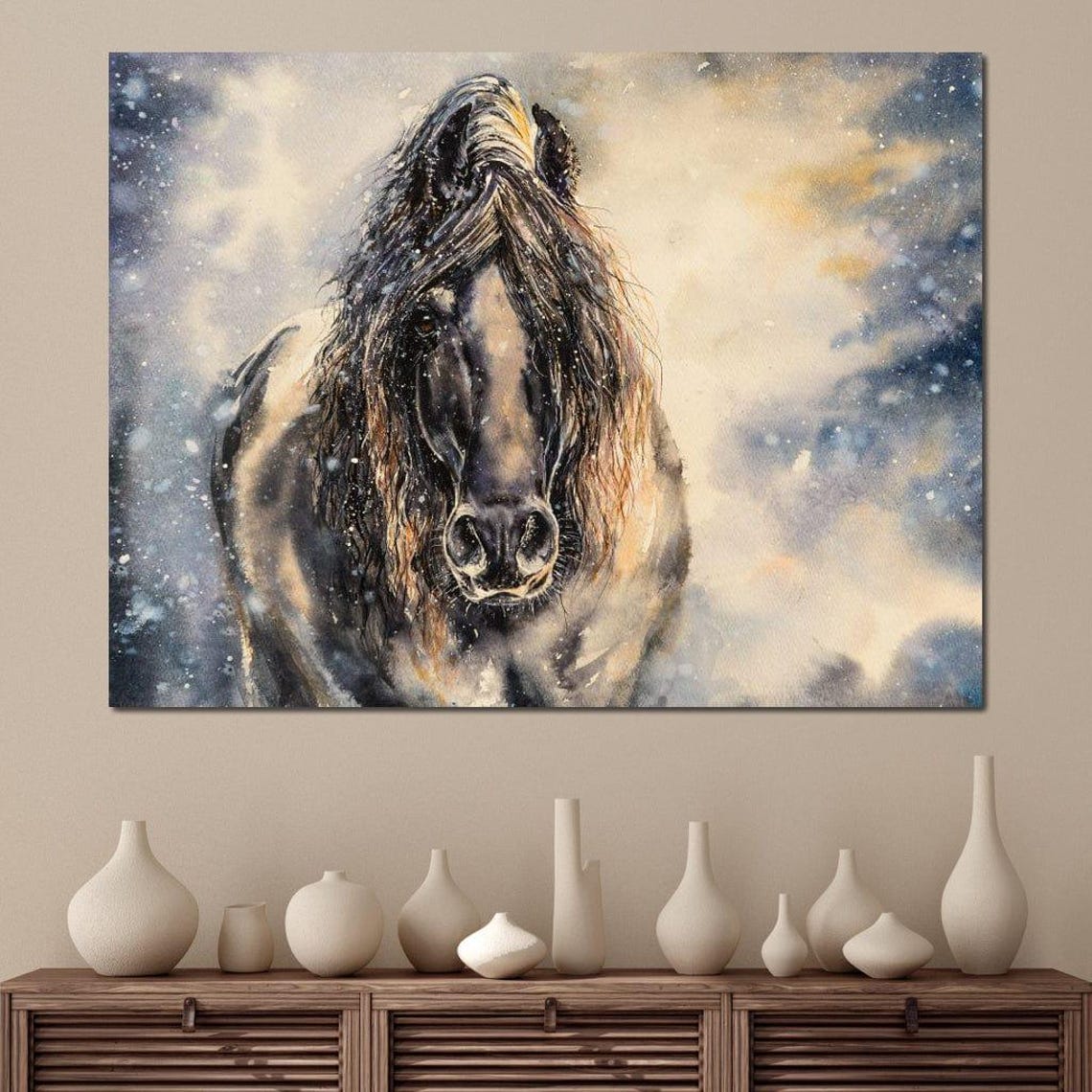 Black Horse Winter Storm Snow Dramatic Equine Portrait Wall Art Print - Image 4