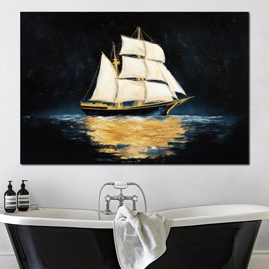 Sailing Ship At Night Golden Reflection Moonlit Ocean Poster - Image 3