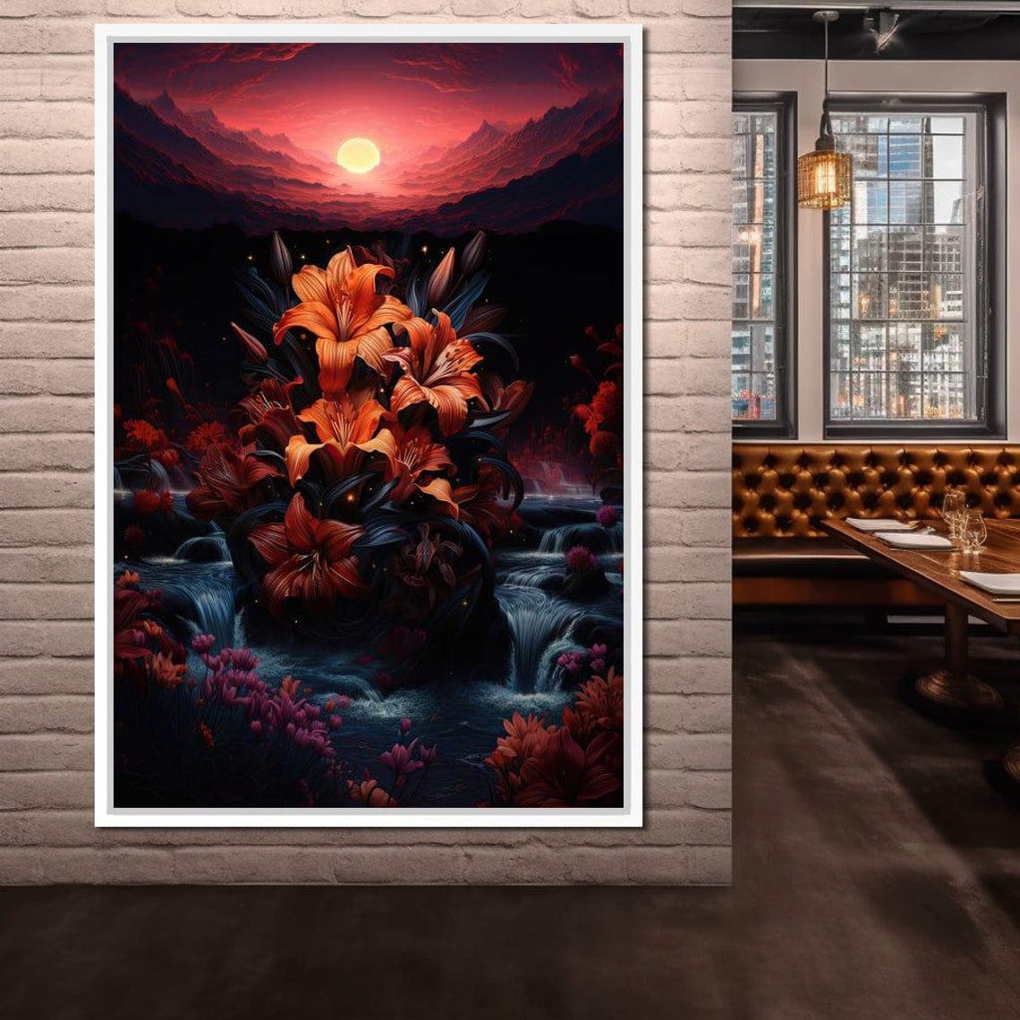 Fantasy Orange Lily Waterfall Sunset Moon Dreamy Landscape Poster - Image 3