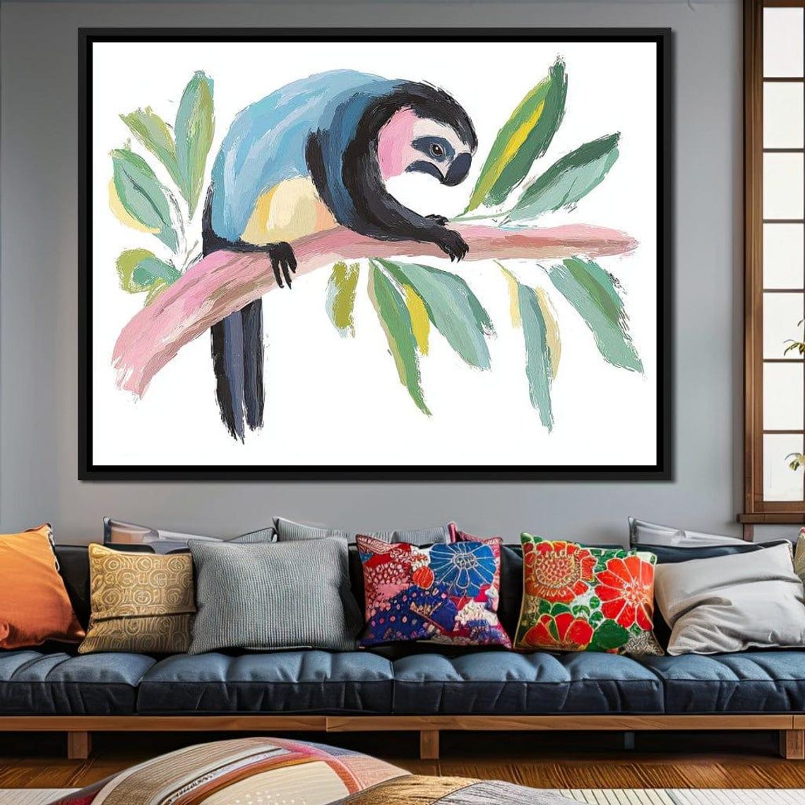 Pastel Sloth Hanging On A Branch With Soft Tropical Leaves Art Print - Image 3