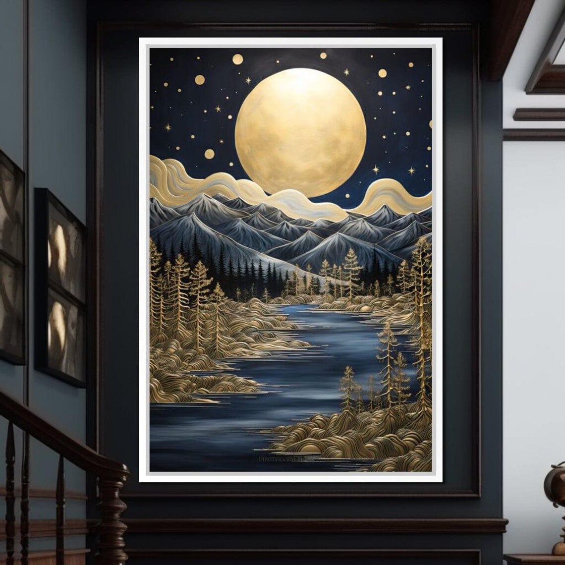 Golden Full Moon Mountain Night Lake Starry Sky Travel Poster - Image 2