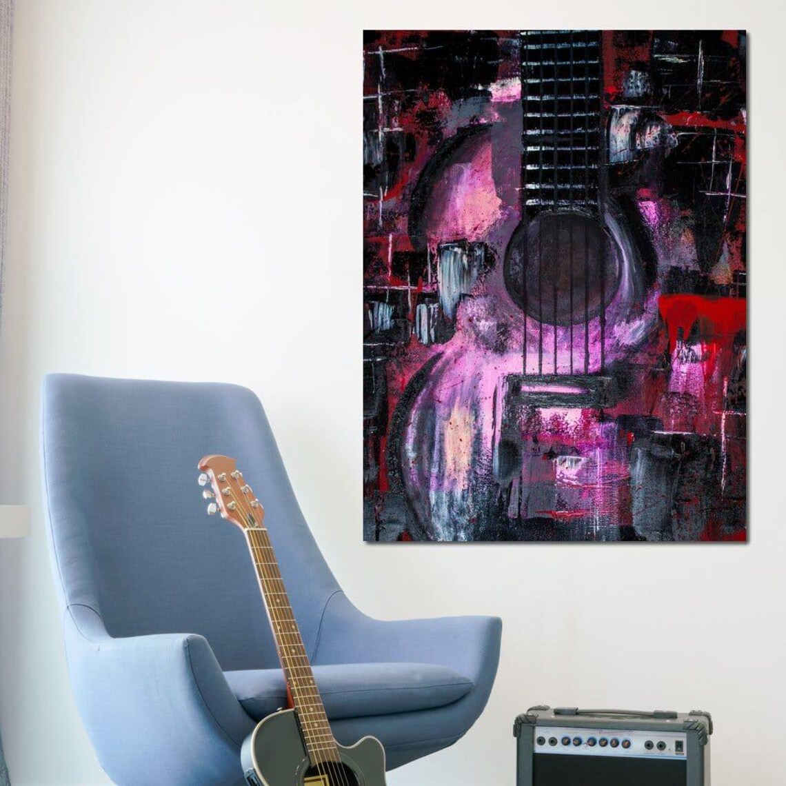 Abstract Guitar Pink Purple Black Grunge Modern Music Inspired Wall Art - Image 3
