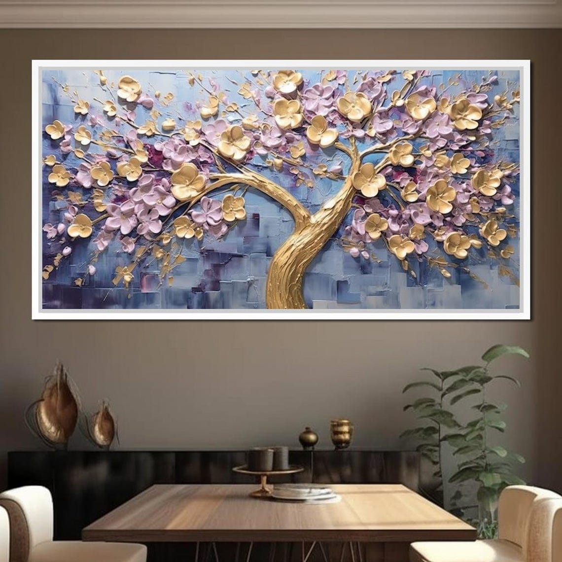 Golden Flowering Tree Blossom 3D Impasto Texture Blue Wall Art Print - Image 4