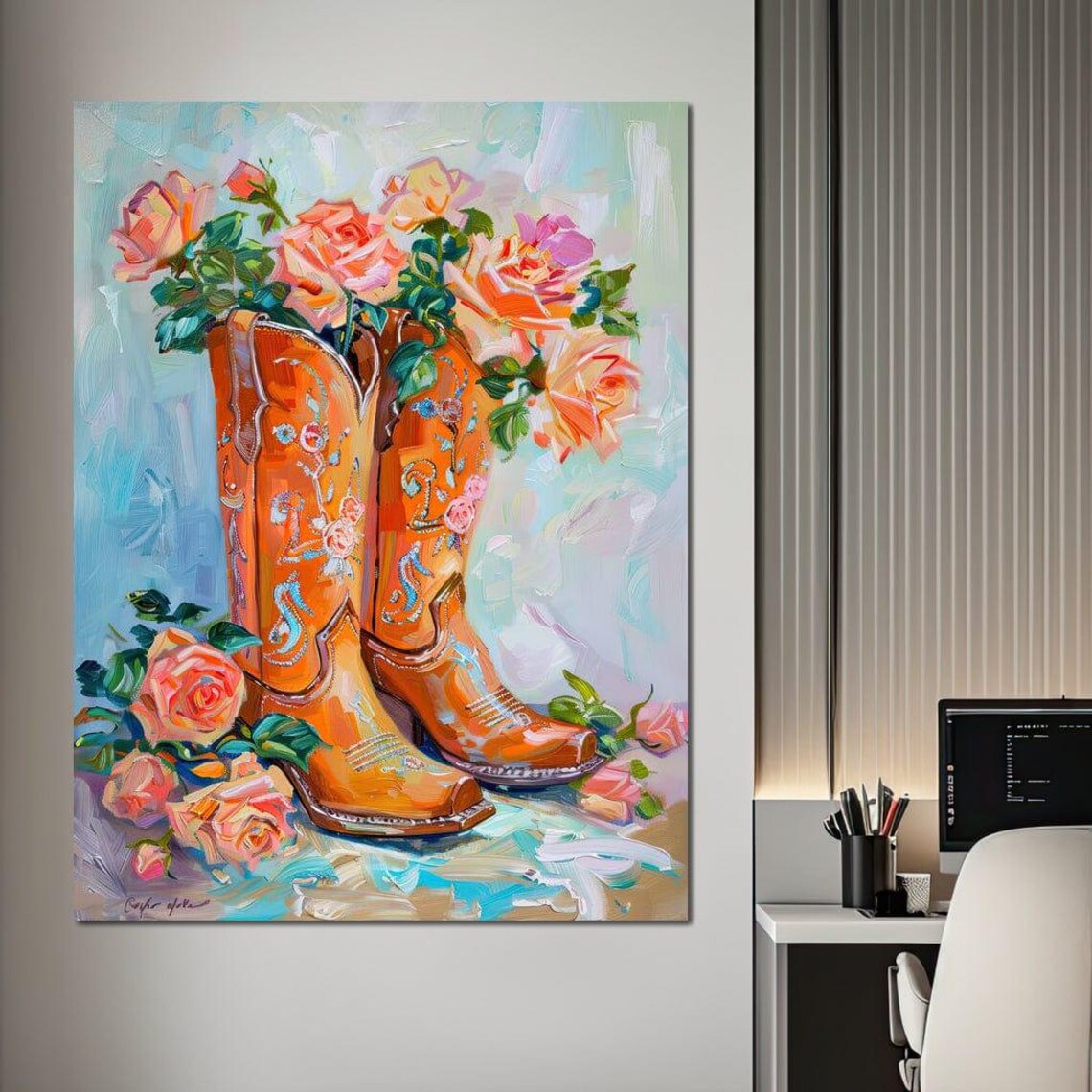 Orange Floral Cowboy Boots Roses Rustic Country Western Wall Poster - Image 2