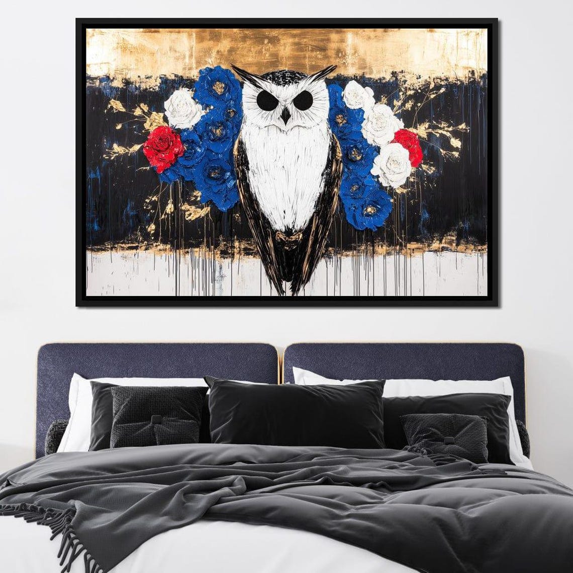 White Owl With Floral Wings Halo Black Gold Dramatic Art Poster - Image 3