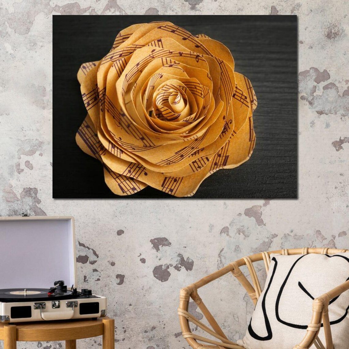Sheet Music Paper Rose Black Background Musical Flower Art Poster - Image 3