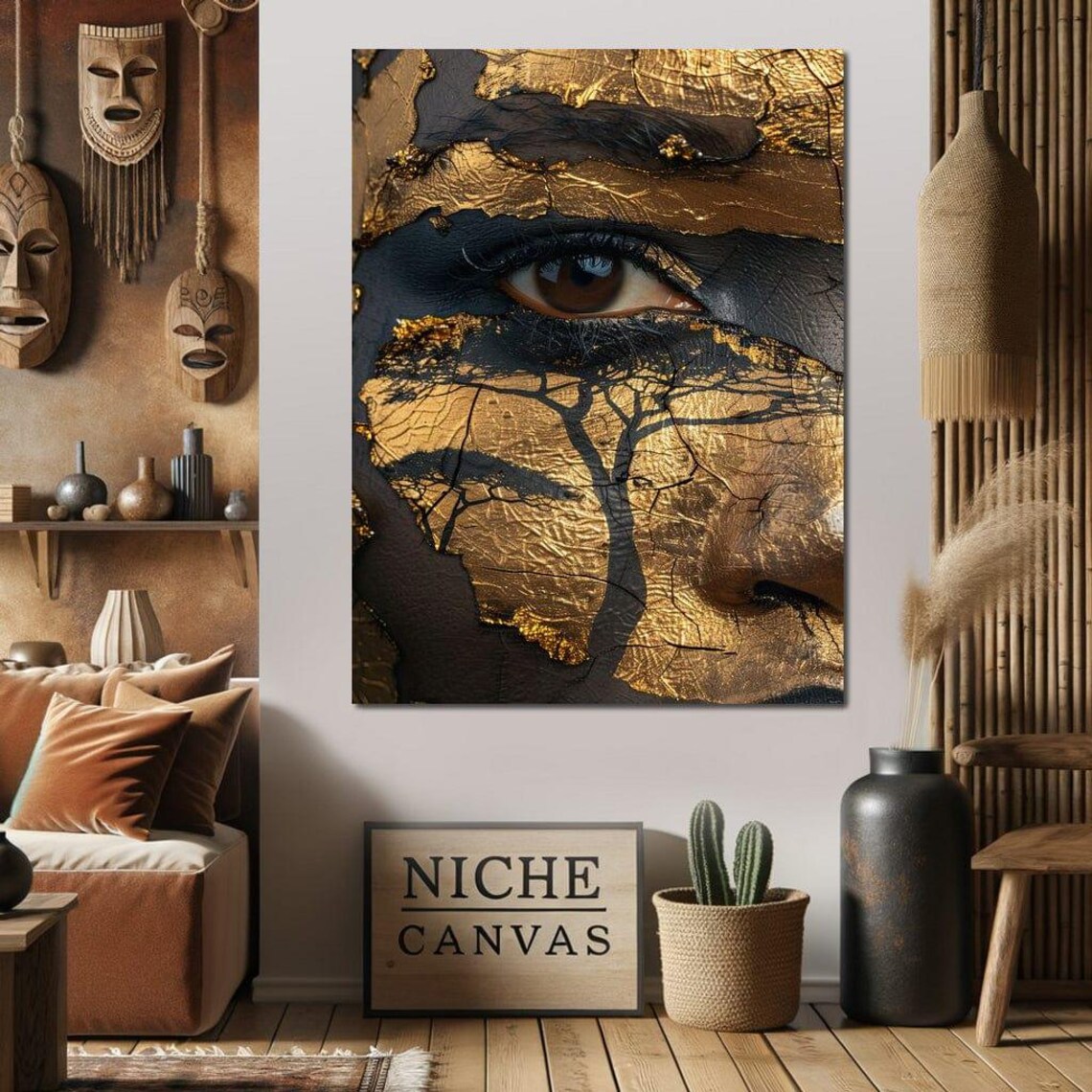 Golden Eye Savanna Tree Black Gold Mystical Portrait Wall Art - Image 2