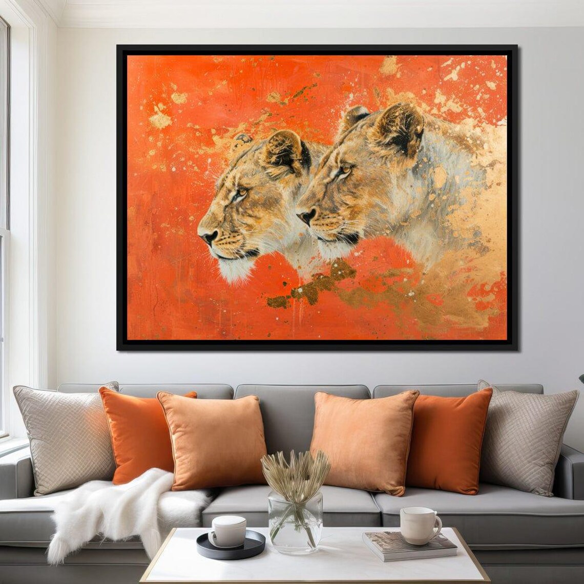 Twin Lionesses Fiery Orange Gold Splash Abstract Wildlife Wall Art Poster - Image 3