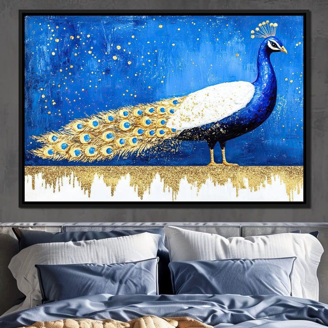 Royal Blue Peacock with Golden Celestial Tail Feather Poster - Image 4
