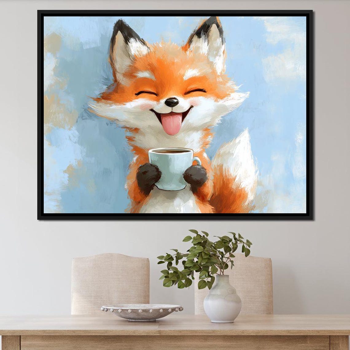 Smiling Red Fox Holding Coffee Cup Cute Whimsical Nursery Art Print - Image 2