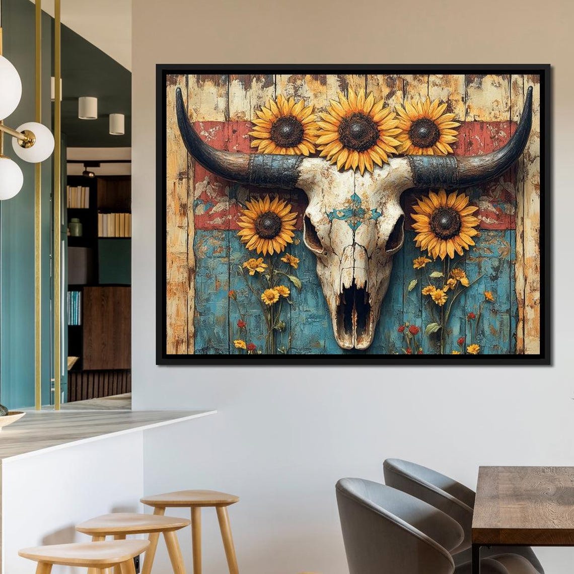 Longhorn Skull Sunflower Wreath Rustic Barn Wood Western Art Print - Image 3