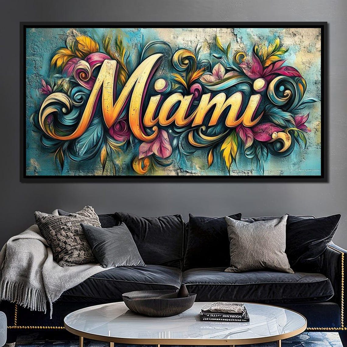 Miami Gold Script Tropical Floral Swirl Colorful Typography Art Poster