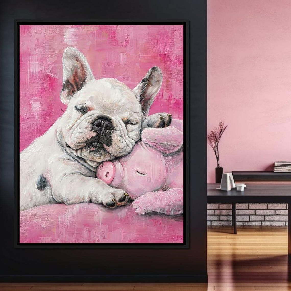 Sleeping French Bulldog Puppy Hugging Pink Piggy Plush Cute Art Poster - Image 3