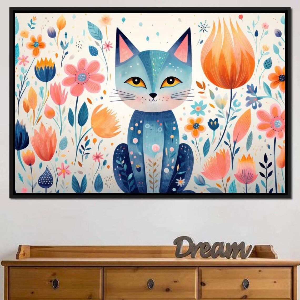 Whimsical Blue Cat Among Colorful Folk Flowers Kids Wall Art Poster - Image 2