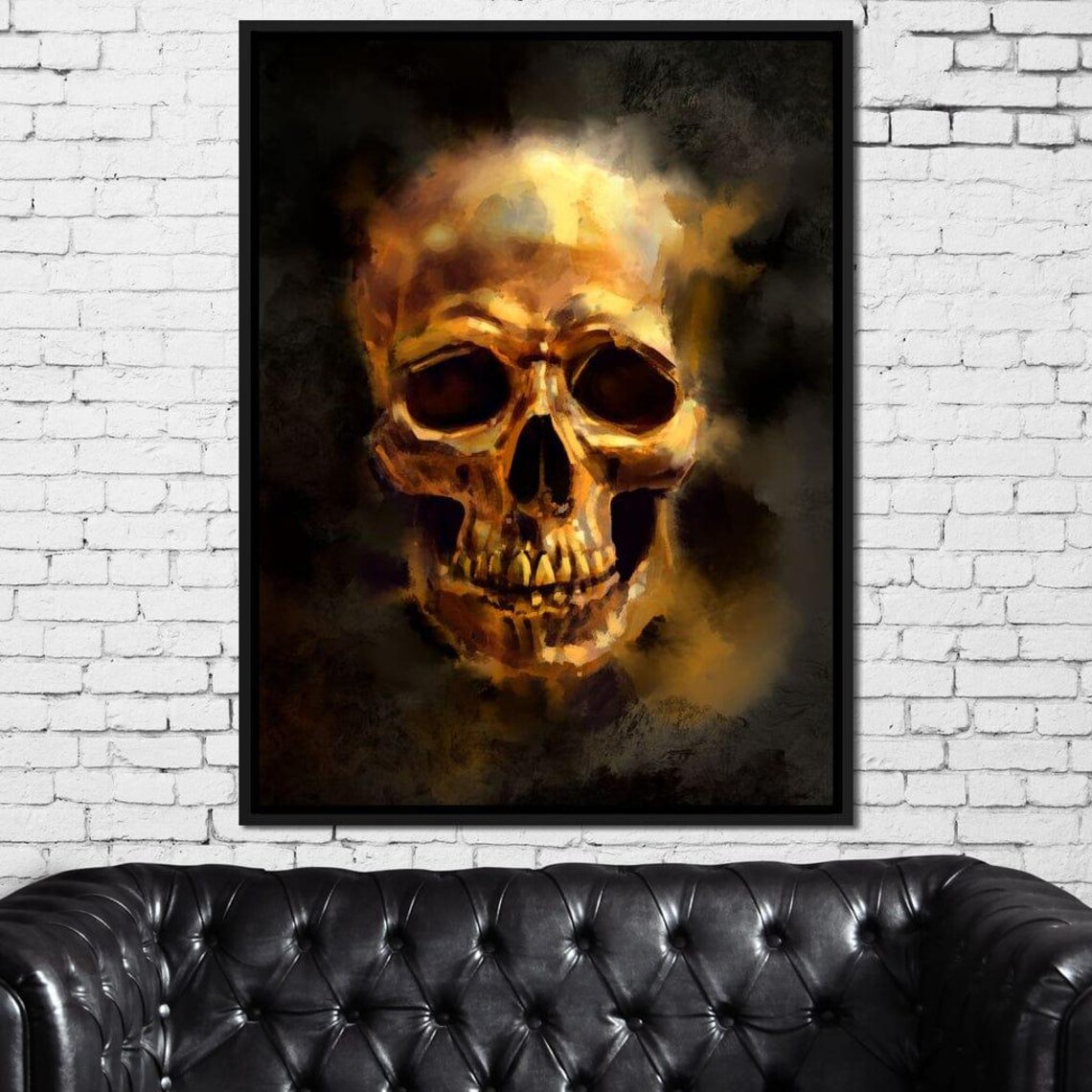 Golden Skull Black Smoky Background Gothic Dark Wall Art Poster