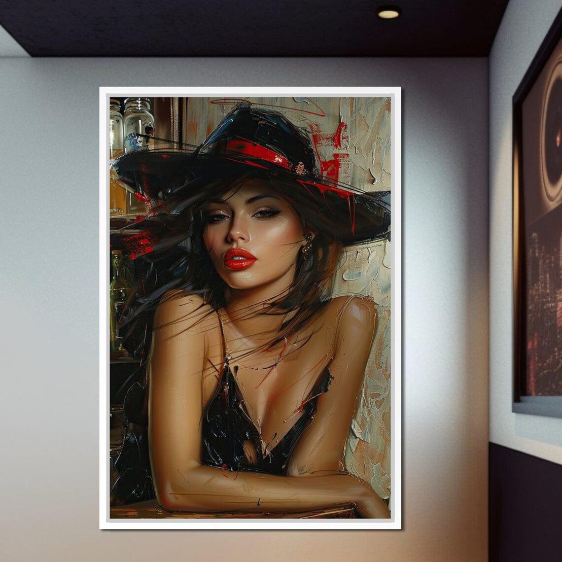 Black Fedora Femme Fatale Red Lips Fashion Portrait Wall Art - Image 3