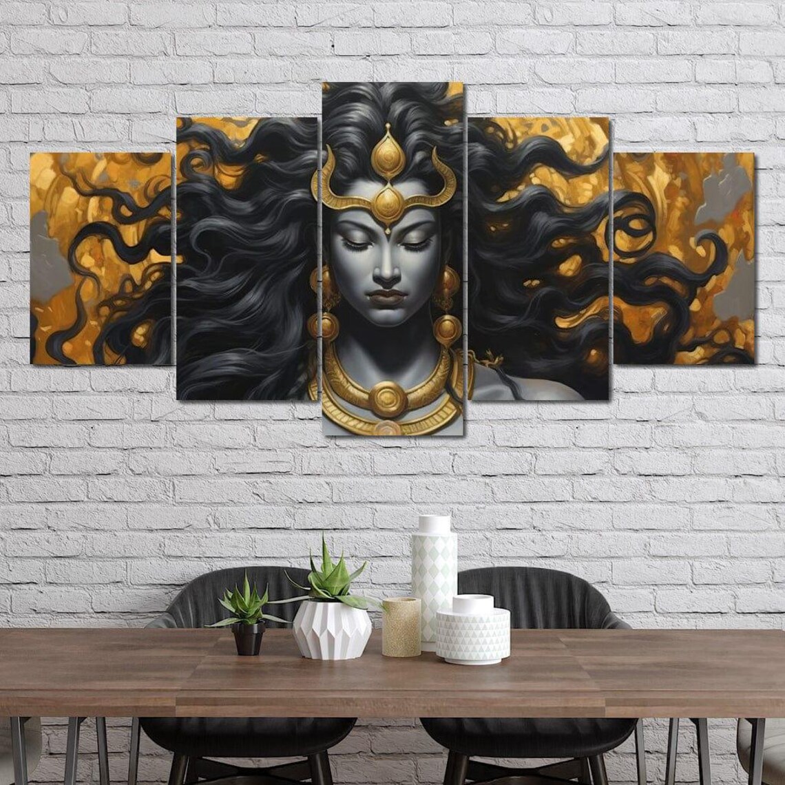 Golden Hindu Goddess Blue Skin Flowing Hair Spiritual Wall Art Print - Image 4
