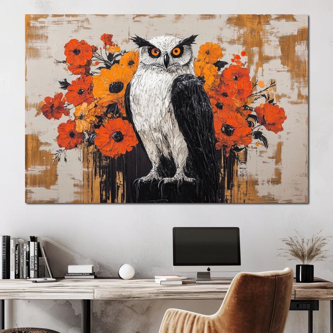 White Owl Amidst Fiery Orange Poppies Wildflower Wildlife Art Print - Image 3