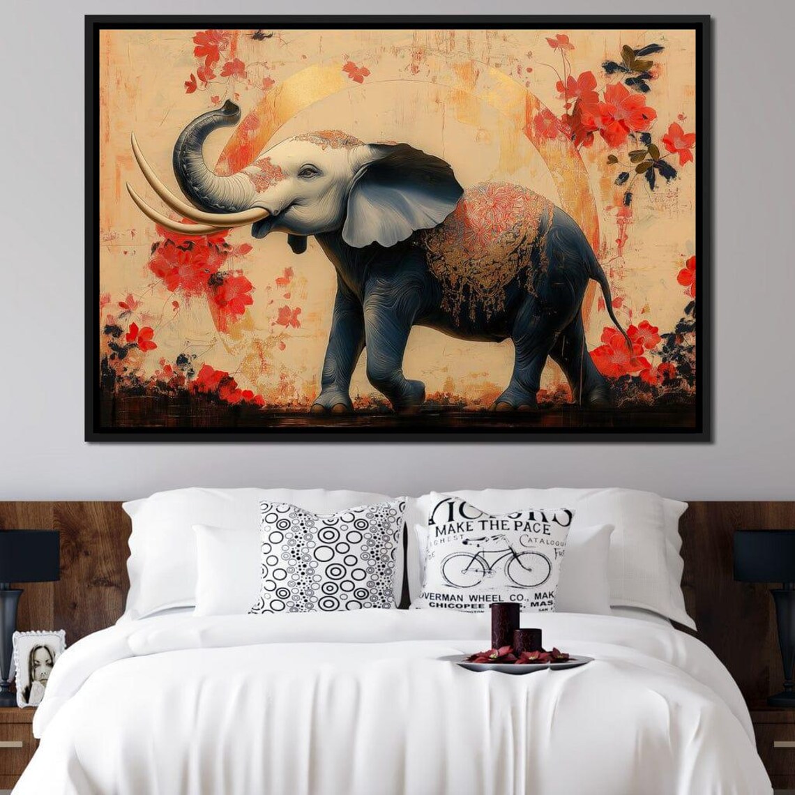Majestic Elephant Gold Decorated Blue Elephant Red Blossom Wildlife Poster - Image 2