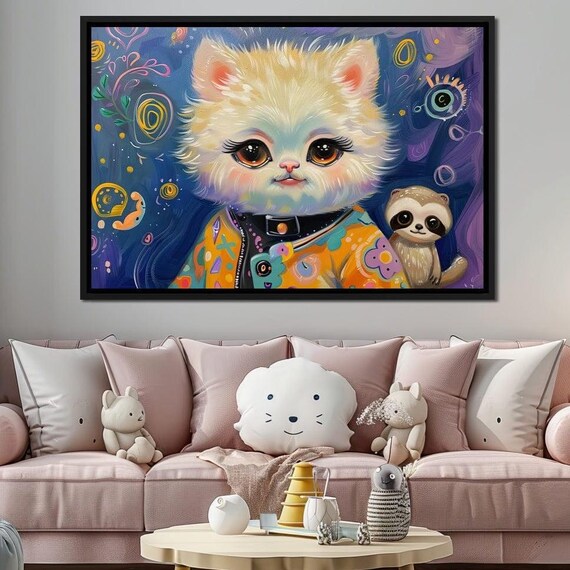 Cute Cartoon Kitten Colorful Jacket With Sloth Friend Kids Art Print