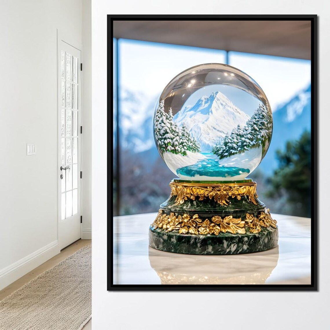 Snow Globe With Snowy Mountain Village And Golden Base Poster