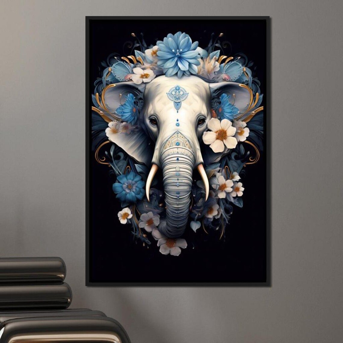 Blue White Floral Elephant Totem Ornate Headdress Spiritual Wall Art Poster