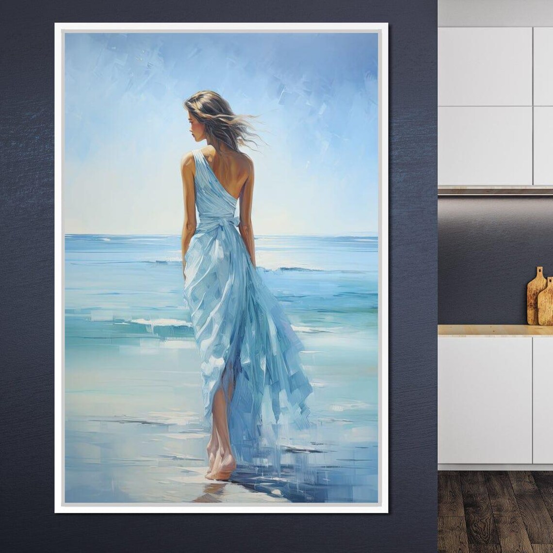 Woman Blue Dress Ocean Edge Calm Sea Coastal Serene Wall Art Print - Image 4