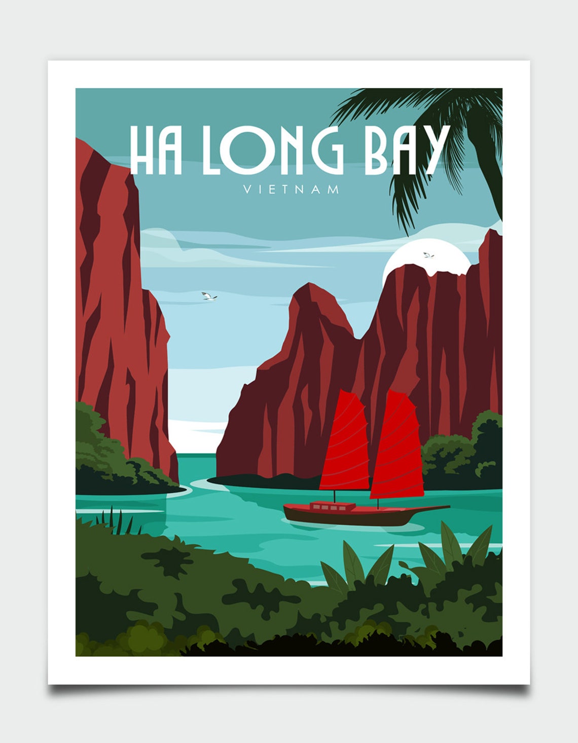 Ha Long Bay Vietnam Red Sails Junk Boat Cliffs Travel Poster - Image 4