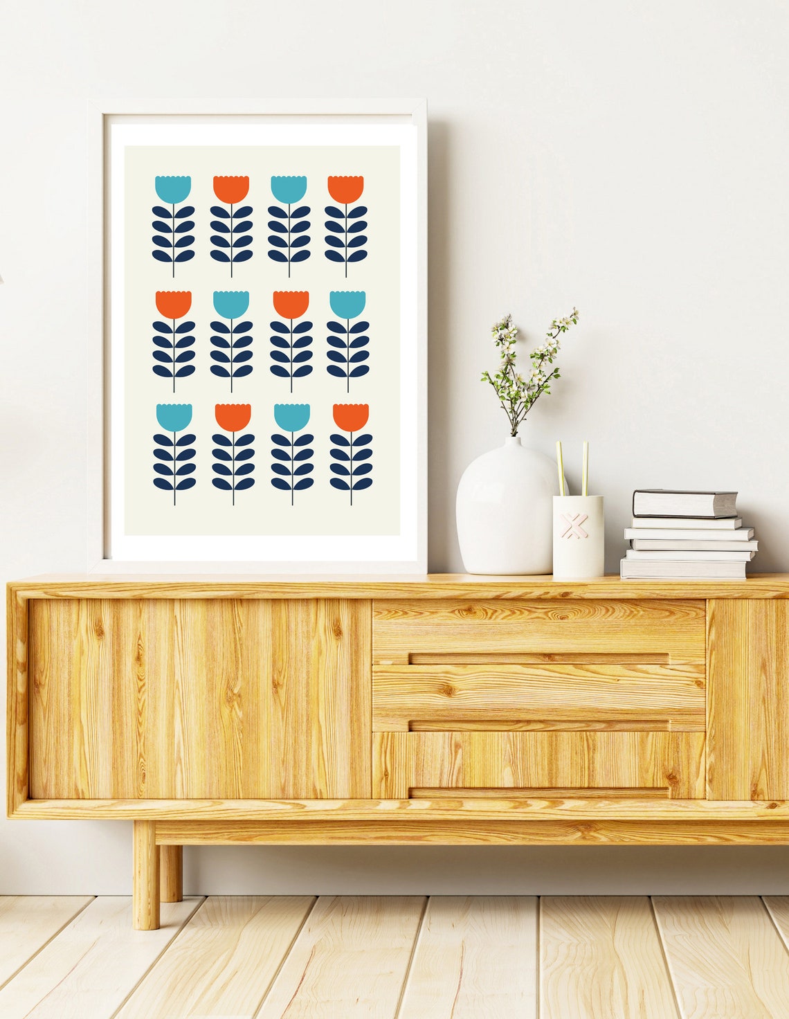 Mid Century Retro Tulip Floral Grid Orange Teal Patterned Wall Art - Image 4