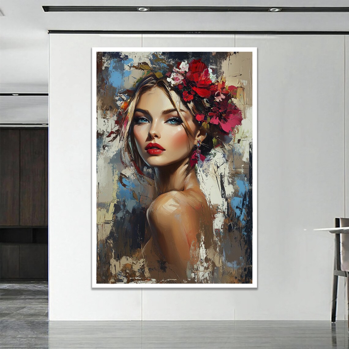 Blonde Woman Red Flower Crown Elegant Feminine Portrait Art Poster