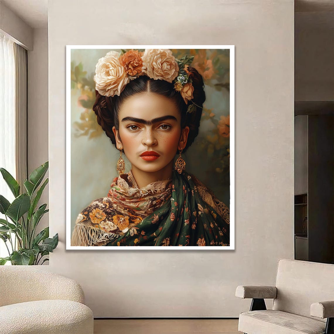 Frida Kahlo Floral Crown Portrait Mexican Folk Art Style Poster