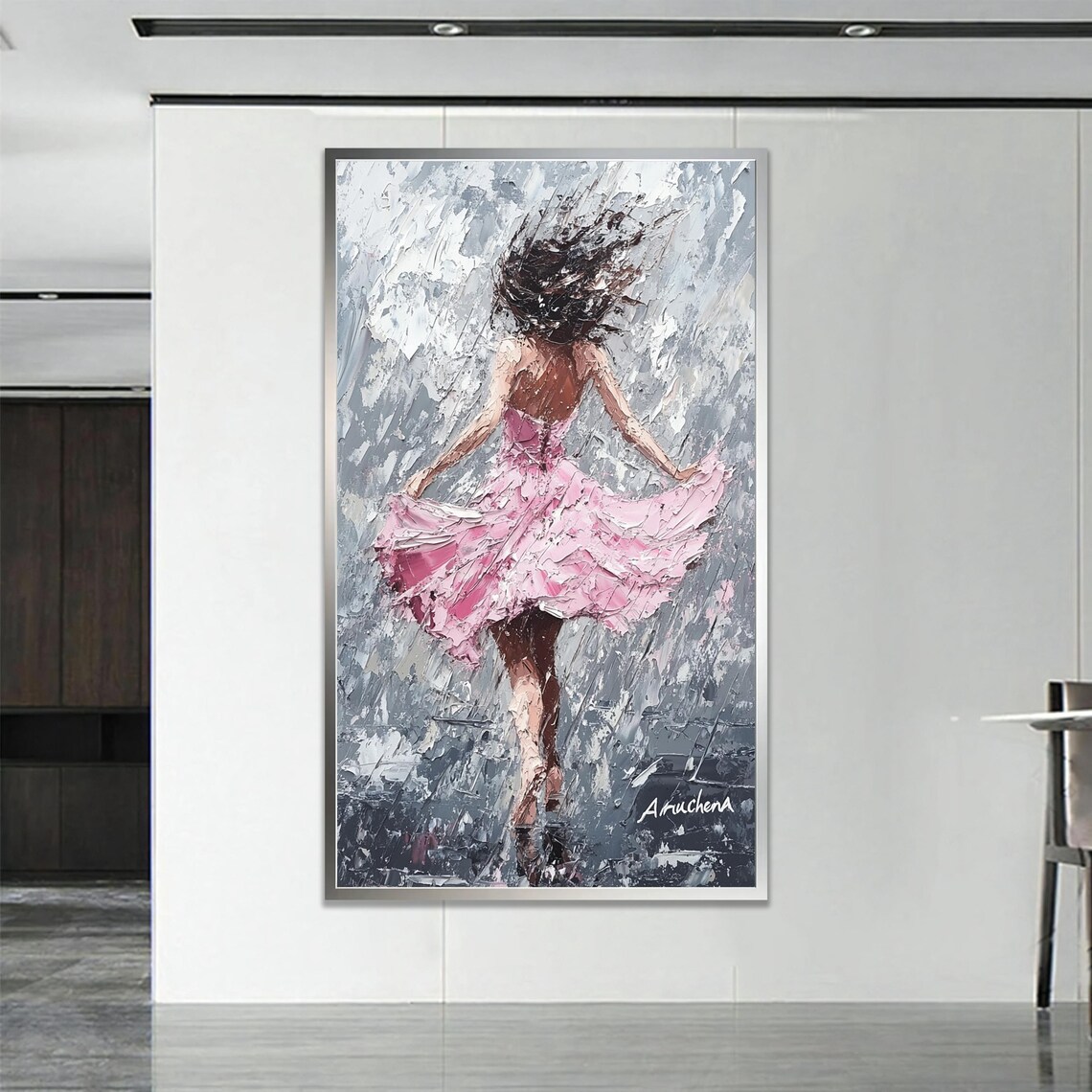 Woman Dancing In Pink Dress In The Rain Oil Painting Art Poster