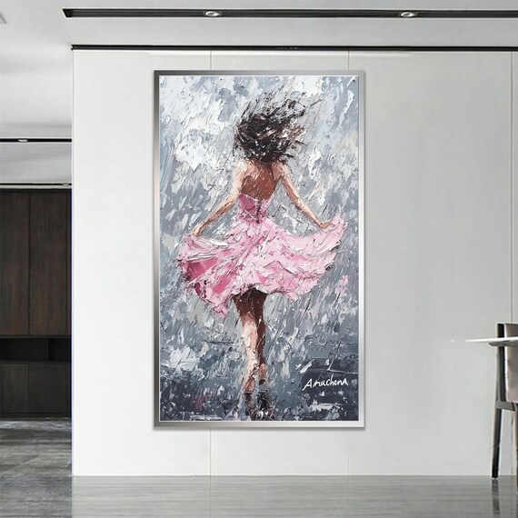Woman Dancing In Pink Dress Rainy Day Wall Art Print