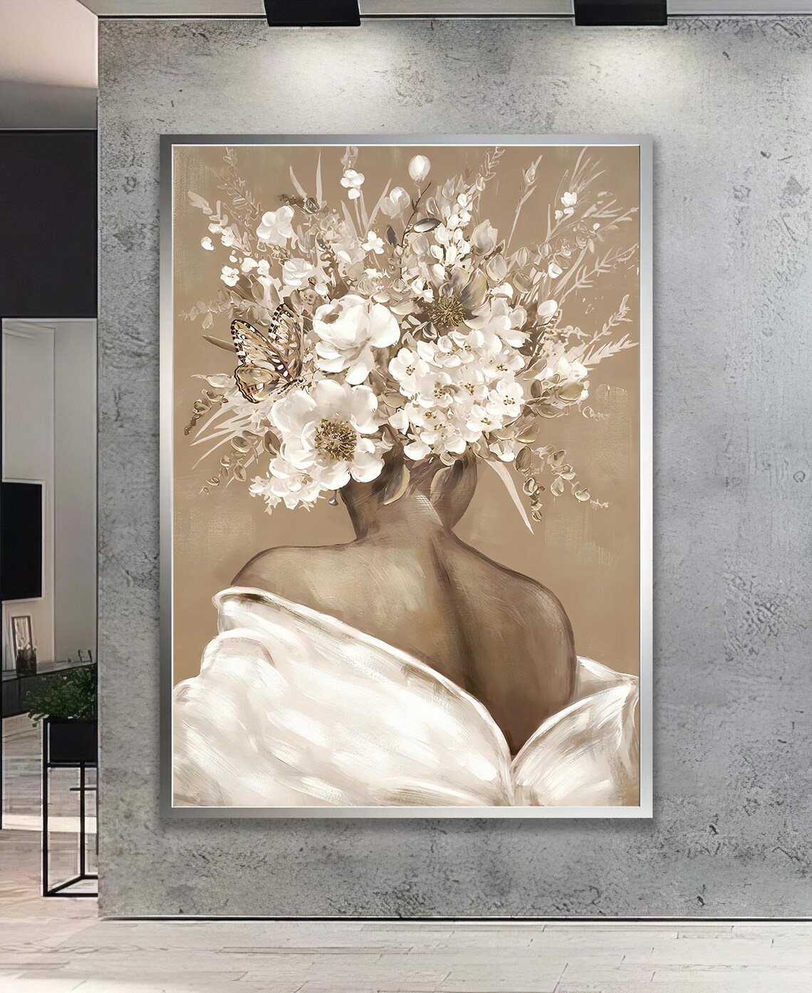 Back View Woman White Dress Floral Hair Butterfly Painting Poster