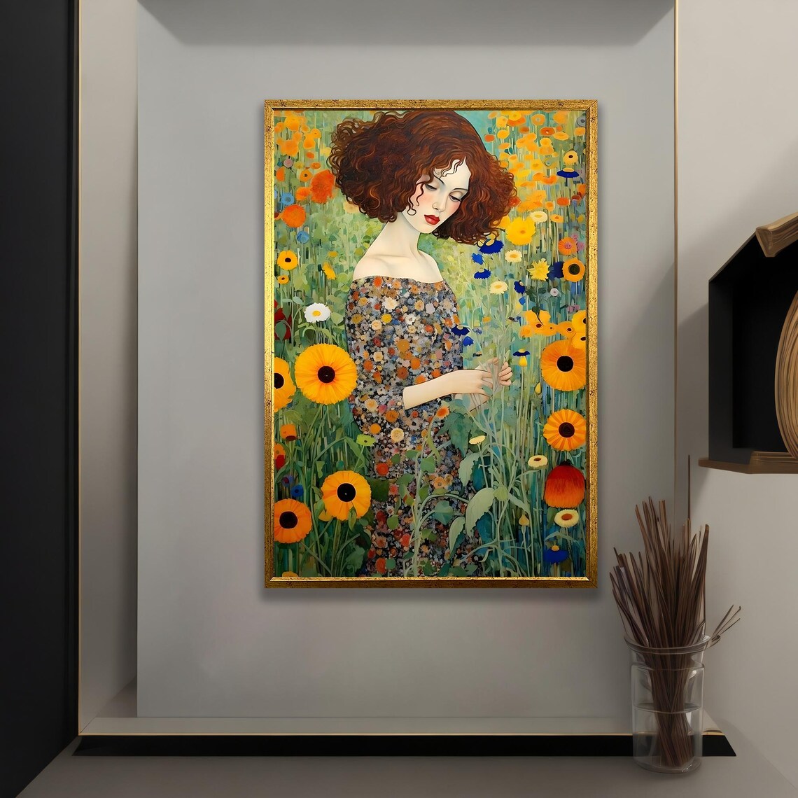 Woman in Sunflower Field Klimt Style Art Nouveau Floral Garden Poster