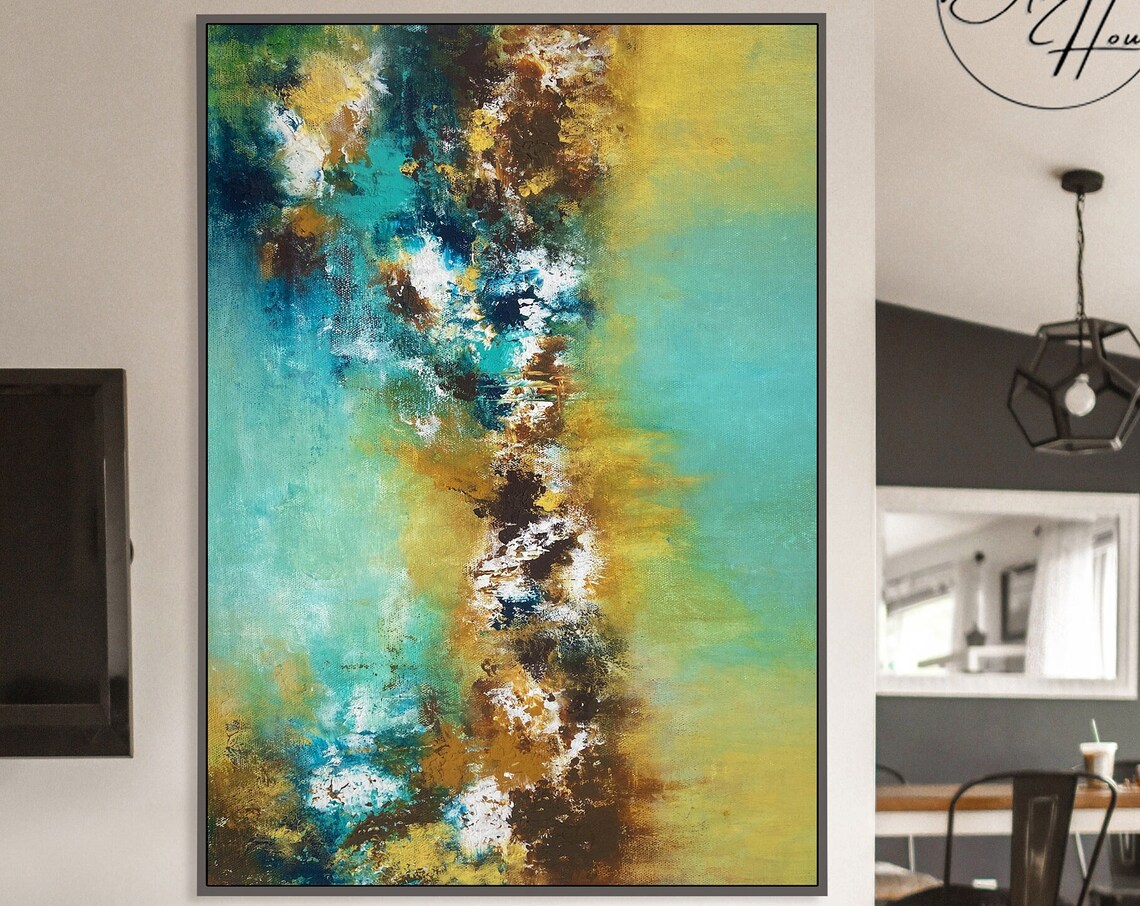 Turquoise and Gold Abstract Landscape Textured Modern Art Poster