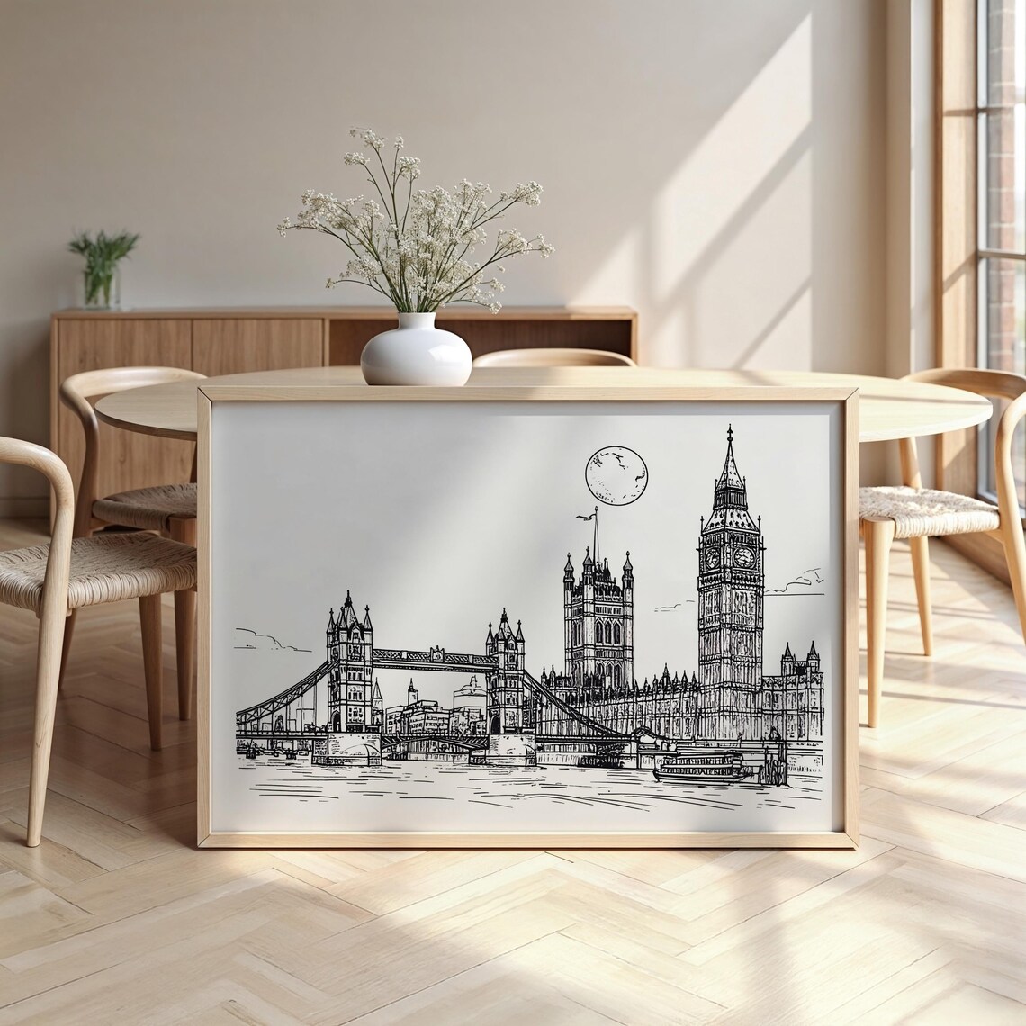 London Skyline Line Art Big Ben Tower Bridge Monochrome Sketch Poster
