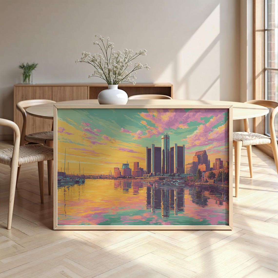Detroit City Skyline Sunset River Reflection Watercolour Poster
