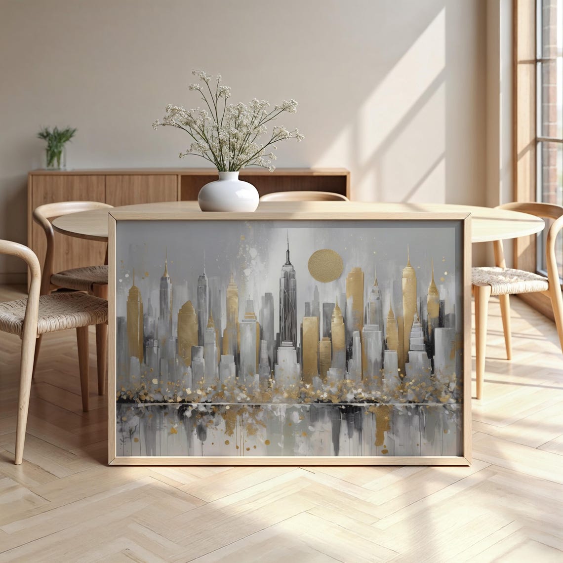 New York City Skyline Gold and Grey Contemporary Manhattan Poster