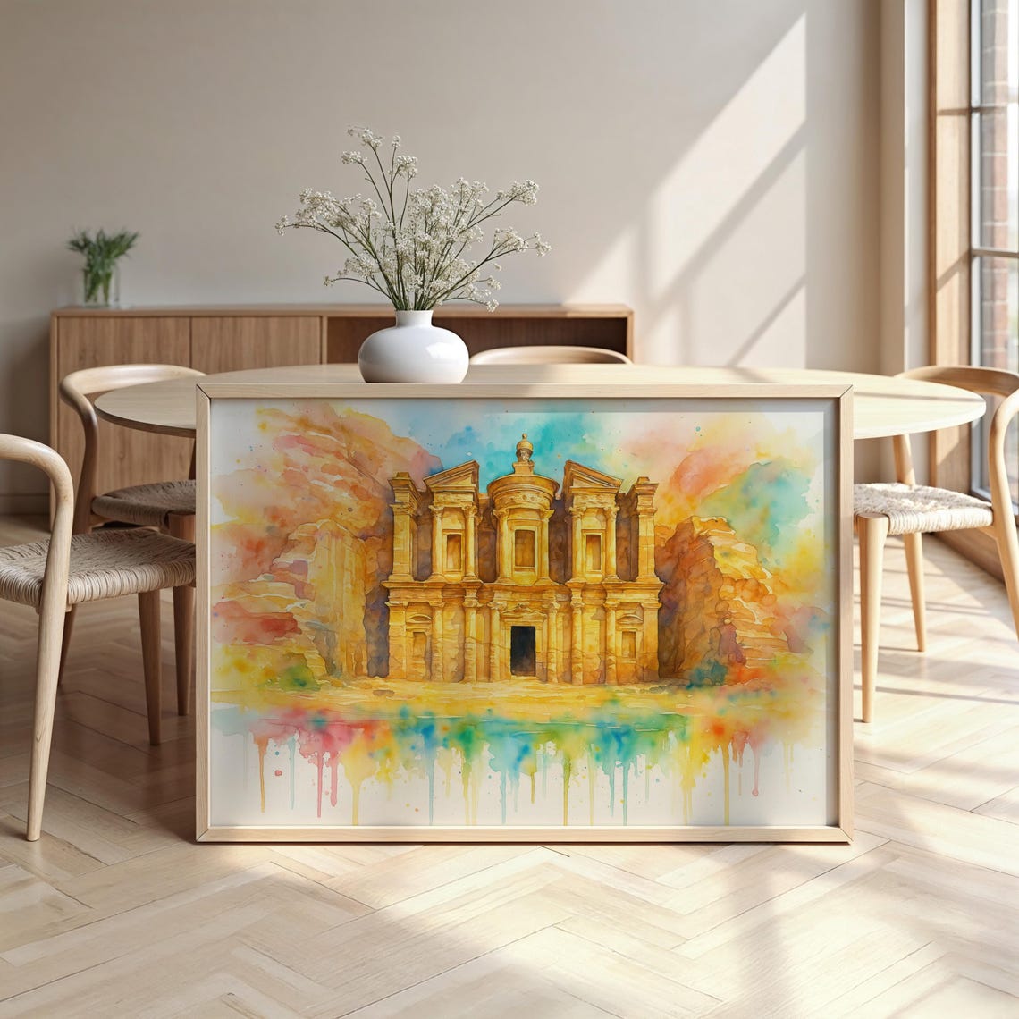 Petra Treasury Watercolor Poster with Colorful Paint Drips and Sky