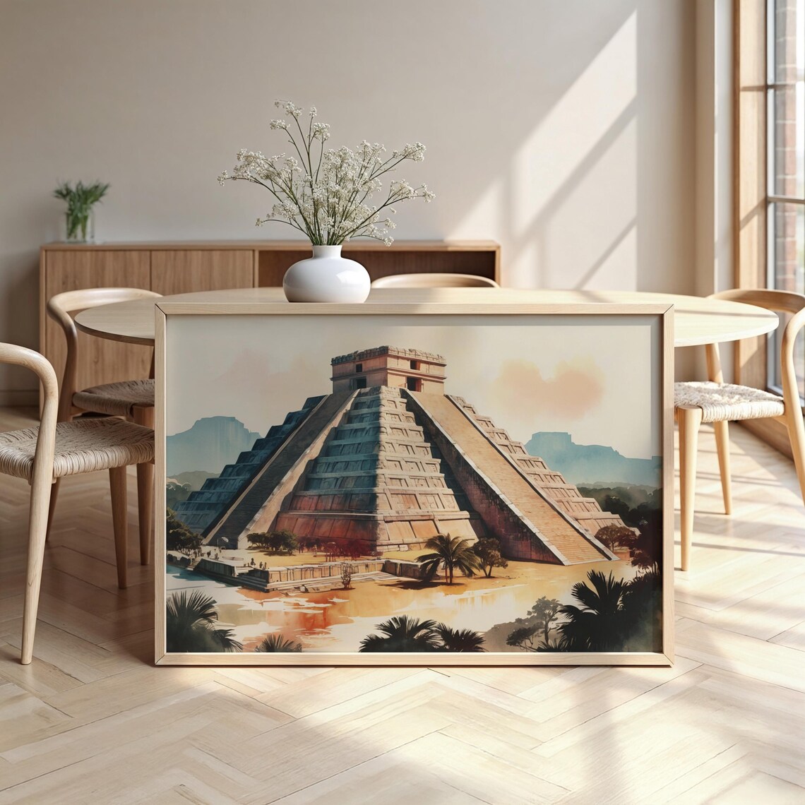 Chichen Itza Mayan Pyramid El Castillo Watercolor Ancient Wonder Poster