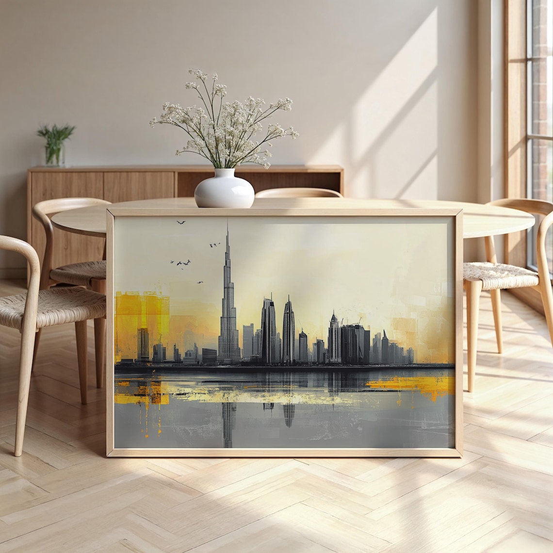 Dubai Skyline Burj Khalifa Golden Hour Reflection Modern Cityscape Poster