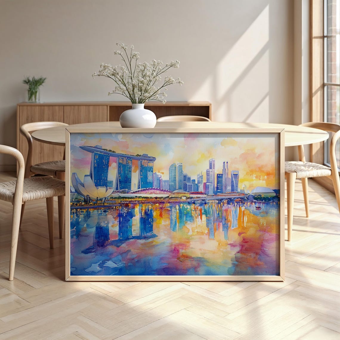 Singapore Marina Bay Skyline Watercolor Sunset Cityscape Travel Poster