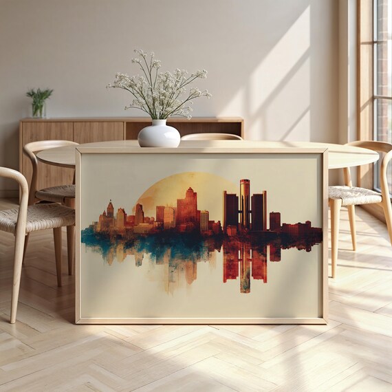 Detroit Skyline Sunset Watercolor Poster with Sun and City Silhouette