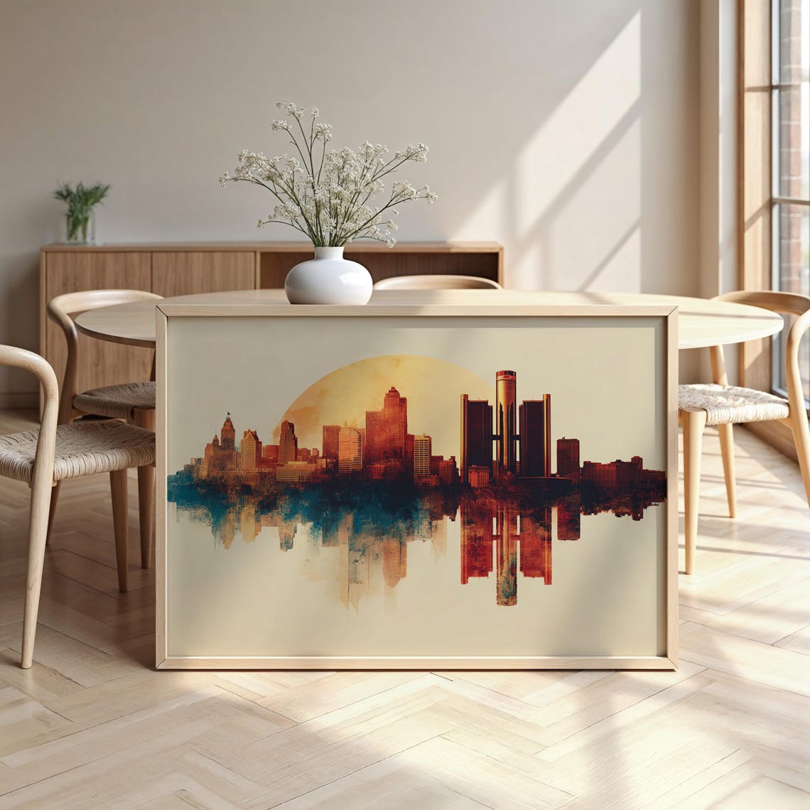 Detroit Skyline Sunset Watercolor Poster with Sun and City Silhouette