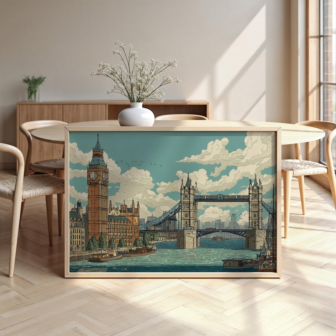 London Big Ben Tower Bridge Poster Vintage Teal Travel Landmark Skyline Art