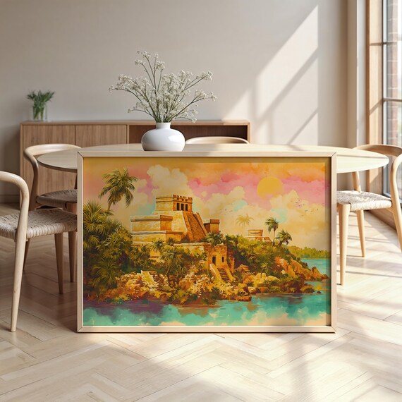 Tulum Mayan Pyramid Tropical Coast Sunset Watercolour Poster
