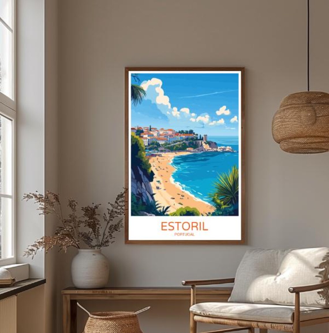 Estoril Portugal Travel Poster Sunlit Beach and Cliffside Old Town - Image 3